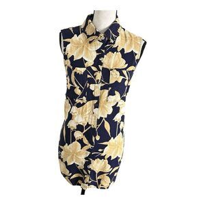 Joie blue floral print linen blend button up collared tank‎ top size medium